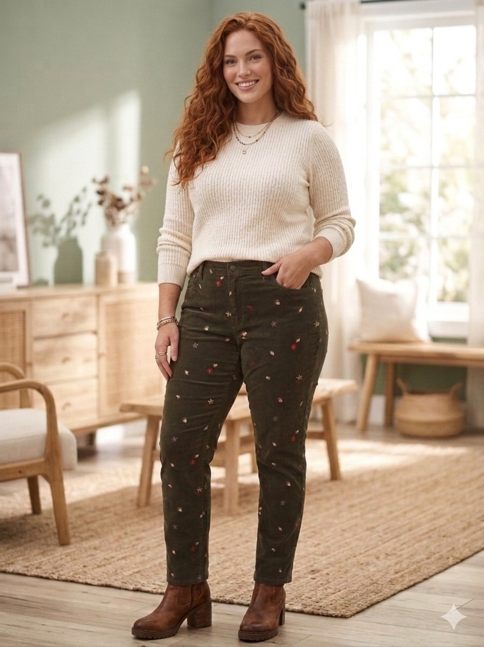 Talbots Stretch Corduroy Novelty Pants 14 Olive Green Fall Leaves & Acorns